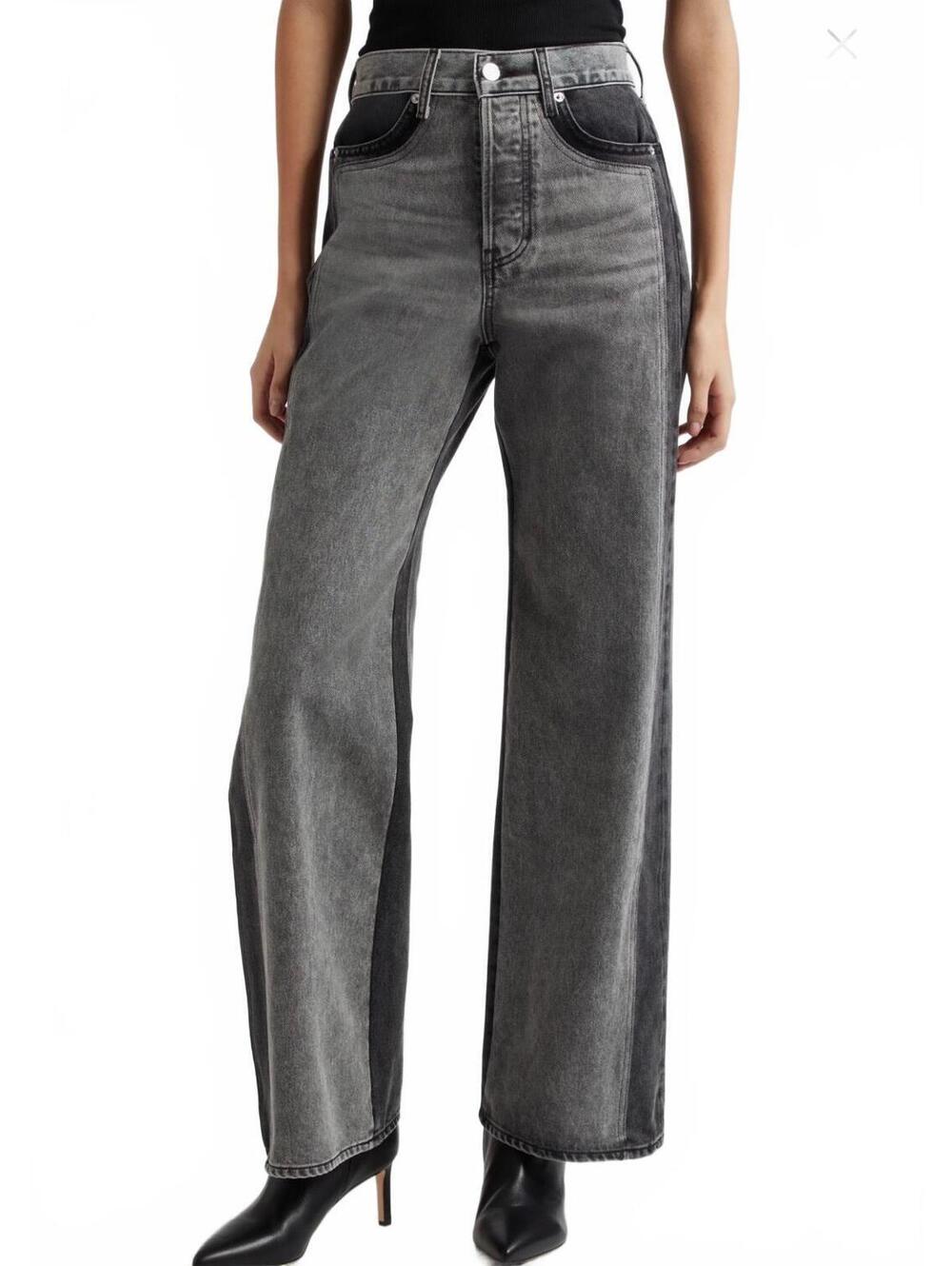 Veronica Beard Taylor Two-Tone Wide Leg High Rise Black/Gray Jeans